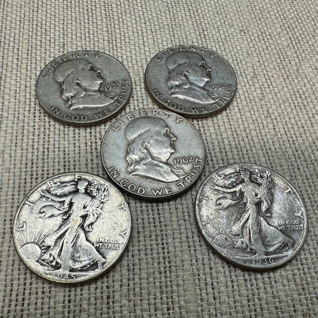 5 Mixed Franklin & Walking Liberty Half Dollars (1 of 2)