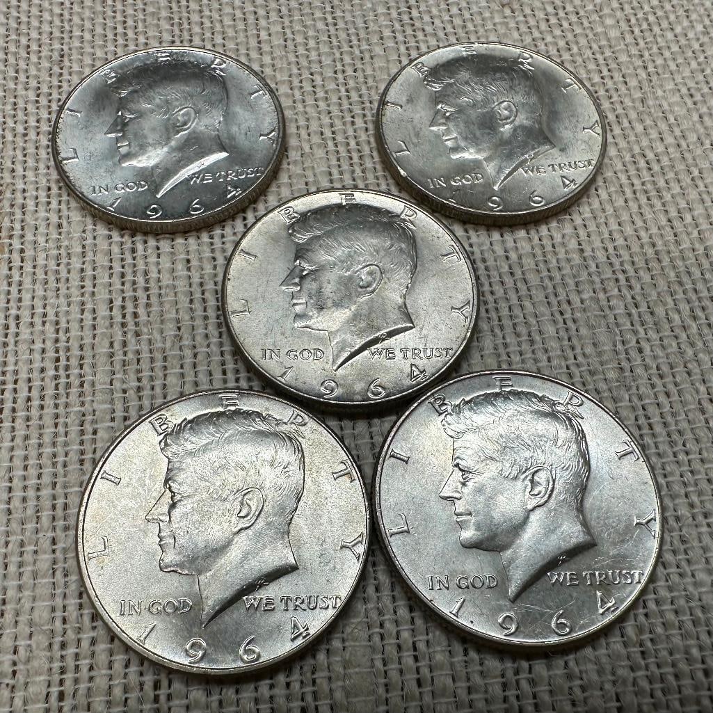 Lot of Five 1964 Kennedy Half Dollars (1 of 2)