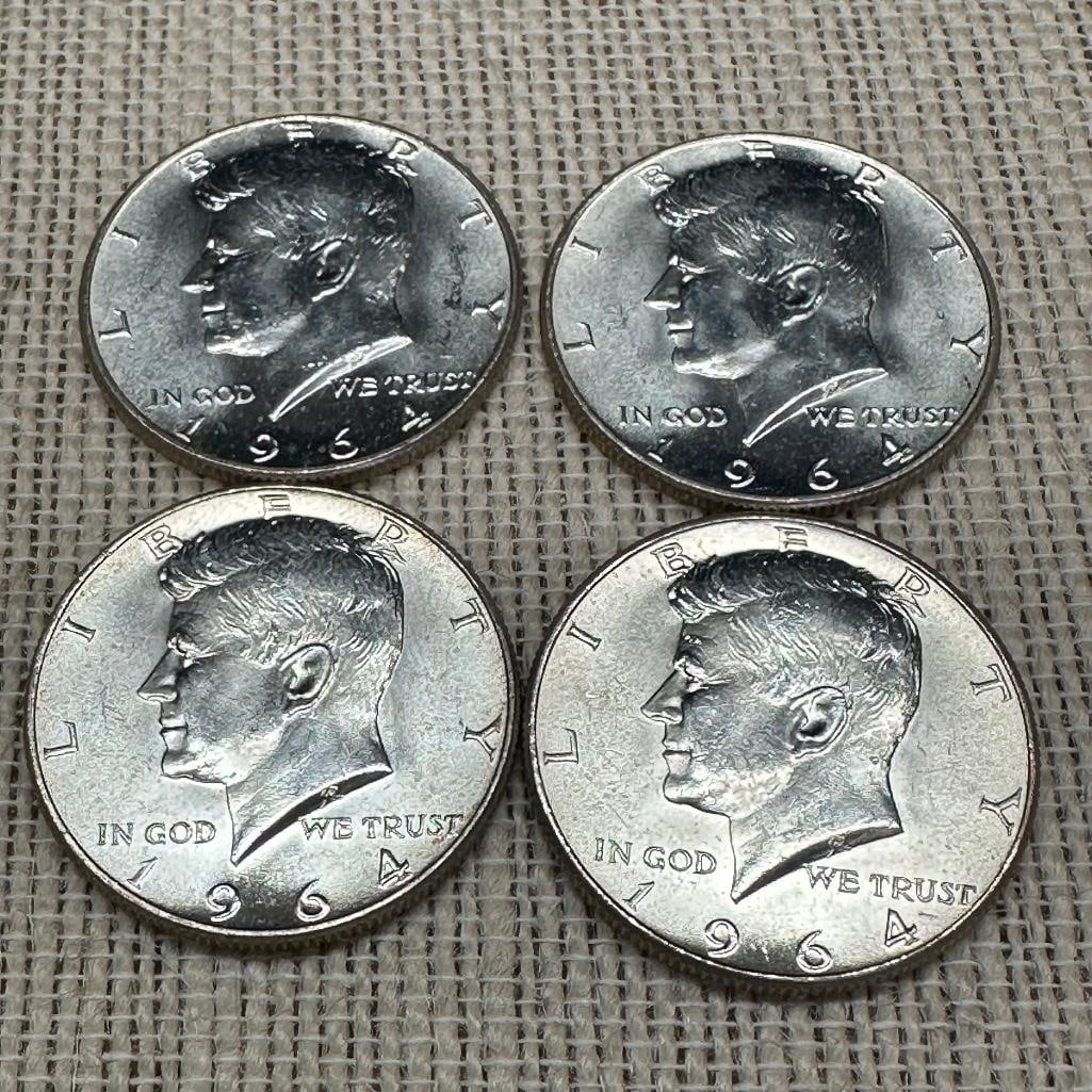 Lot of Four 1964 Kennedy Half Dollars: These coins have been tested and researched to the best of our ability prior to listing. Please view photos, as they are a part of the condition. DETAILS: Metal - .900 Silver Tested - Yes Size - 30.6 