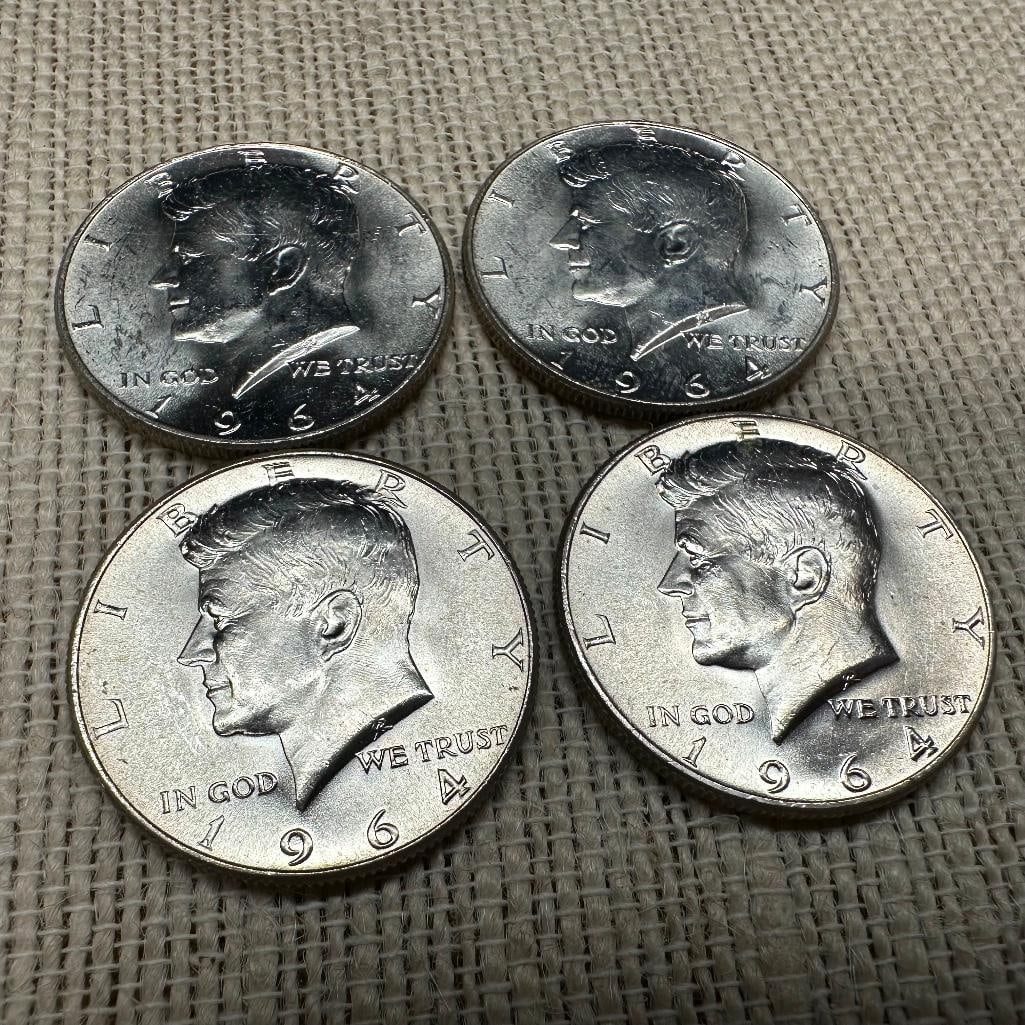 Lot of Four 1964 Kennedy Half Dollars: These coins have been tested and researched to the best of our ability prior to listing. Please view photos, as they are a part of the condition. DETAILS: Metal - .900 Silver Tested - Yes Size - 30.6 