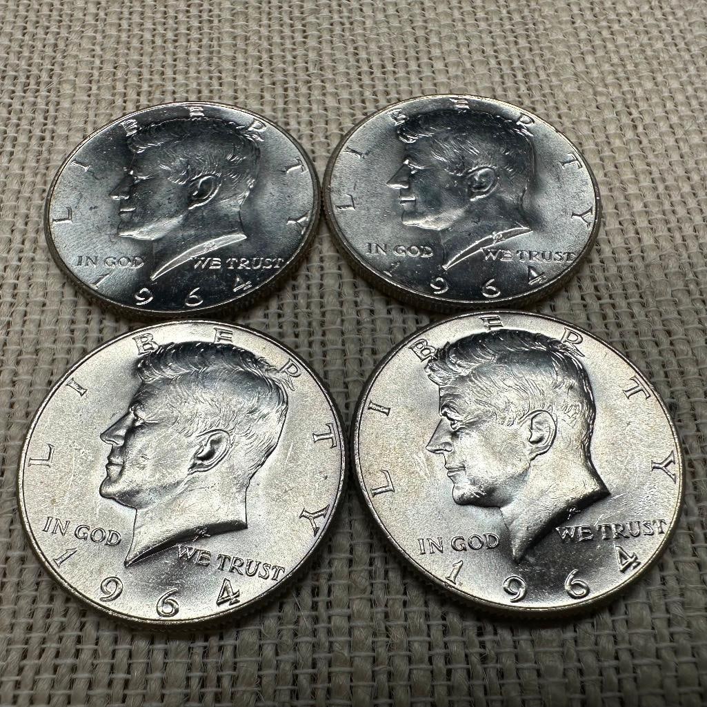 Lot of Four 1964 Kennedy Half Dollars: These coins have been tested and researched to the best of our ability prior to listing. Please view photos, as they are a part of the condition. DETAILS: Metal - .900 Silver Tested - Yes Size - 30.6 