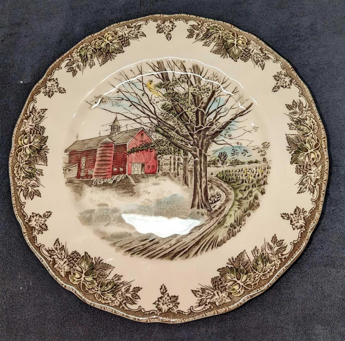 Autumn Mists Friendly Village Large Dinner Plate JB: Sugar Maples Friendly Village Large Dinner Plate JB. This retired series of fine china was released by the Johnson Brothers, from the year 1953 to the year 2003. The large dinner plate is approximatel