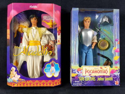 Disney Pocahontas John Smith And Aladdin Dolls B: This lot includes: (1) Disney Pocahontas Sun Colors John Smith by Mattel. released in 1995. Is in original box which is approx 8" x 2 1/4" x 13". The doll is in good, unused condition wit