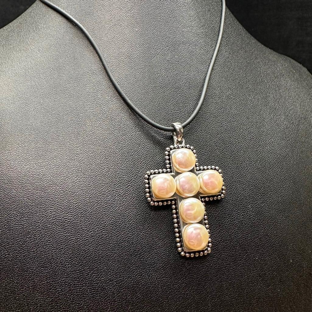 Sterling Silver Cross Pendant With Button Pearls: This piece of jewelry has been tested and researched prior to listing. Please view all our pictures they are part of our description. DETAILS: Metal - Sterling Silver Color - Silver Stones - none Hall