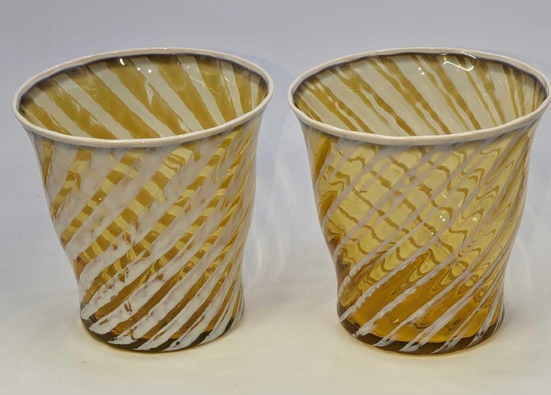 2 Retired Fostoria Homespun Gold Old Fashioned Glasses A: 2 Retired Fostoria Homespun Gold Old Fashioned Glasses A. This series was released from the year 1959 to the year 1965. Each glass is approx 3 3/8" x 3 3/8" x 3 3/8" and the total weight i