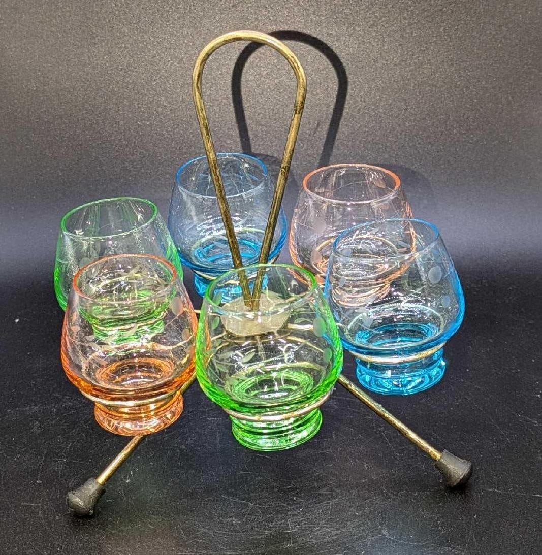 Vintage Colored Shot Glass Wire Caddy Set (1 of 6)