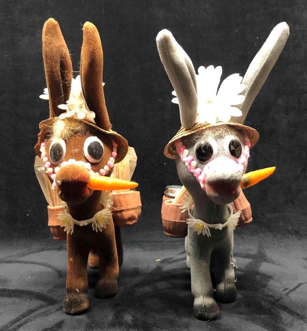 2 Vintage Flocked Donkey Salt & Pepper Shaker & Toothpick Holder: This lot contains two vintage flocked donkey salt & pepper shaker & toothpick holder. These are great if you are looking for fun table decor perfect for kids. Each donkey is approx 7 1/2"