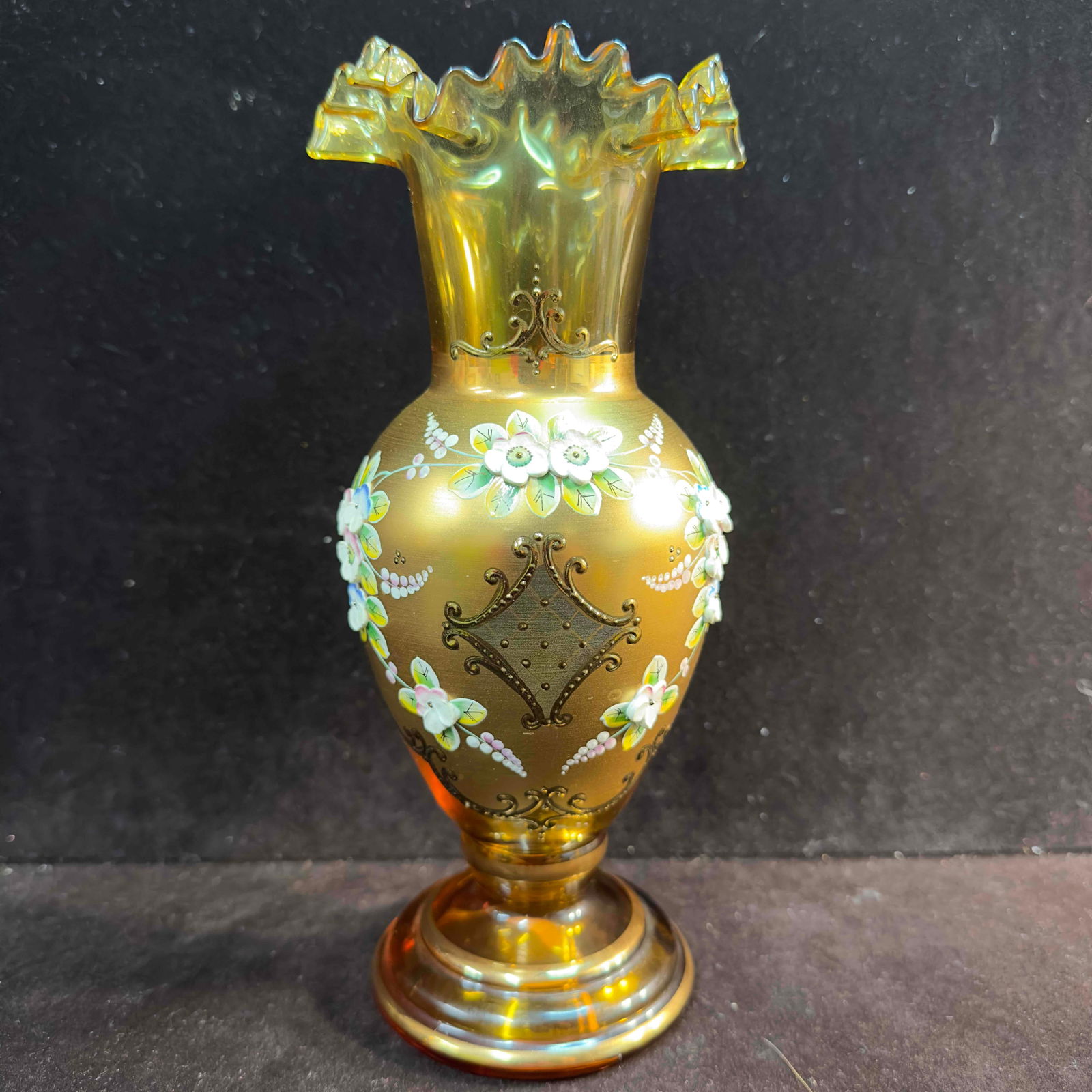Czech Bohemian Amber Glass Vase Hand Painted & Blown Raised Flower Floral Pattern Gold Trim (1 of 16)