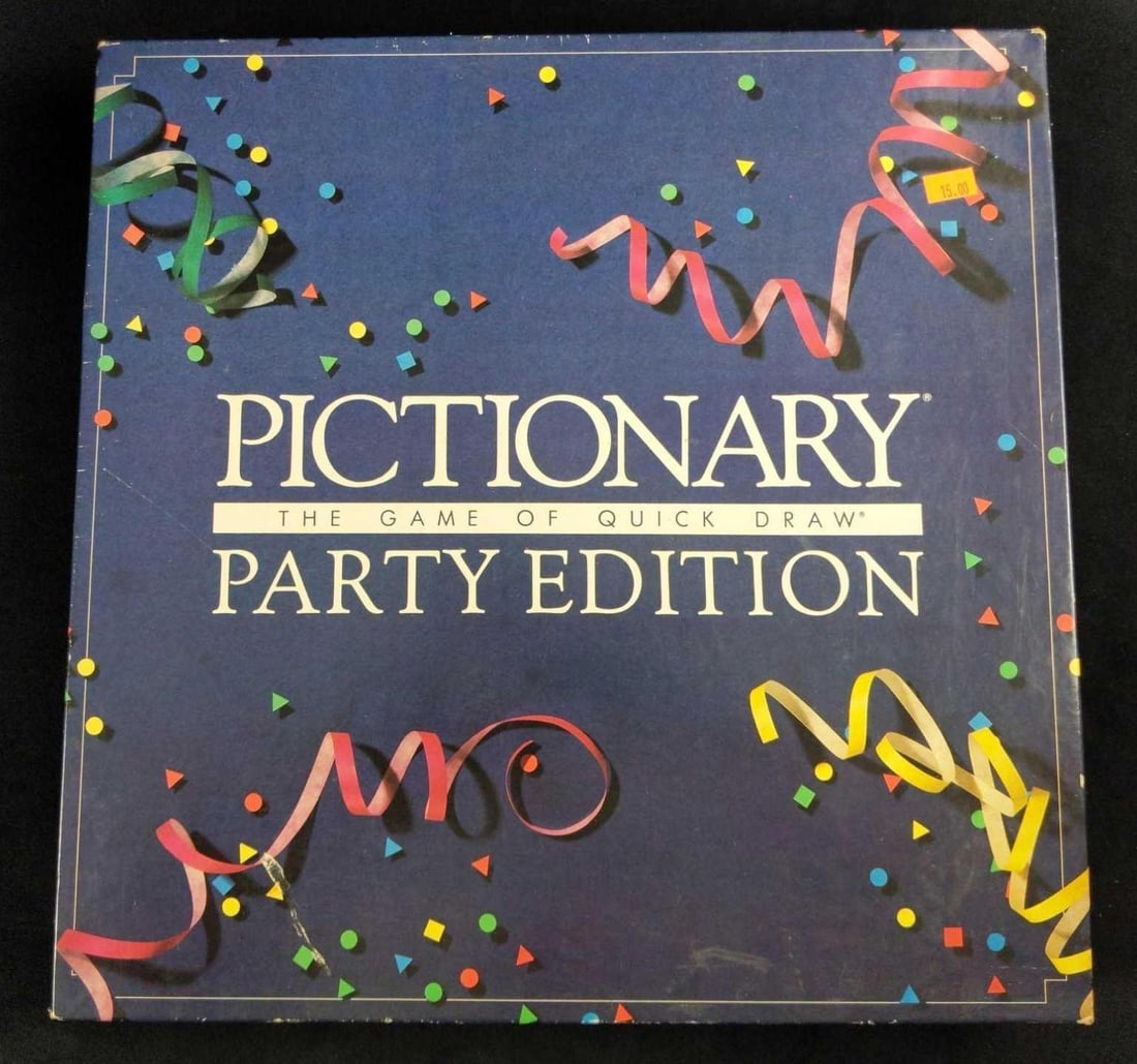 Vintage 1989 Pictionary Party Edition Boardgame: Playing Pictionary may remind you of Charades, but with drawing on paper instead of acting out the answers. In Pictionary, though, both teams' (or even all three teams') clue givers may be dra