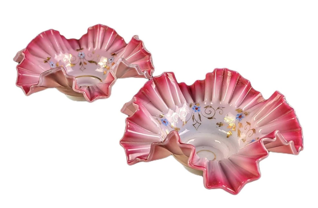 Two Ruffled Rim Floral Hand Painted Art Glass Bowls (1 of 7)