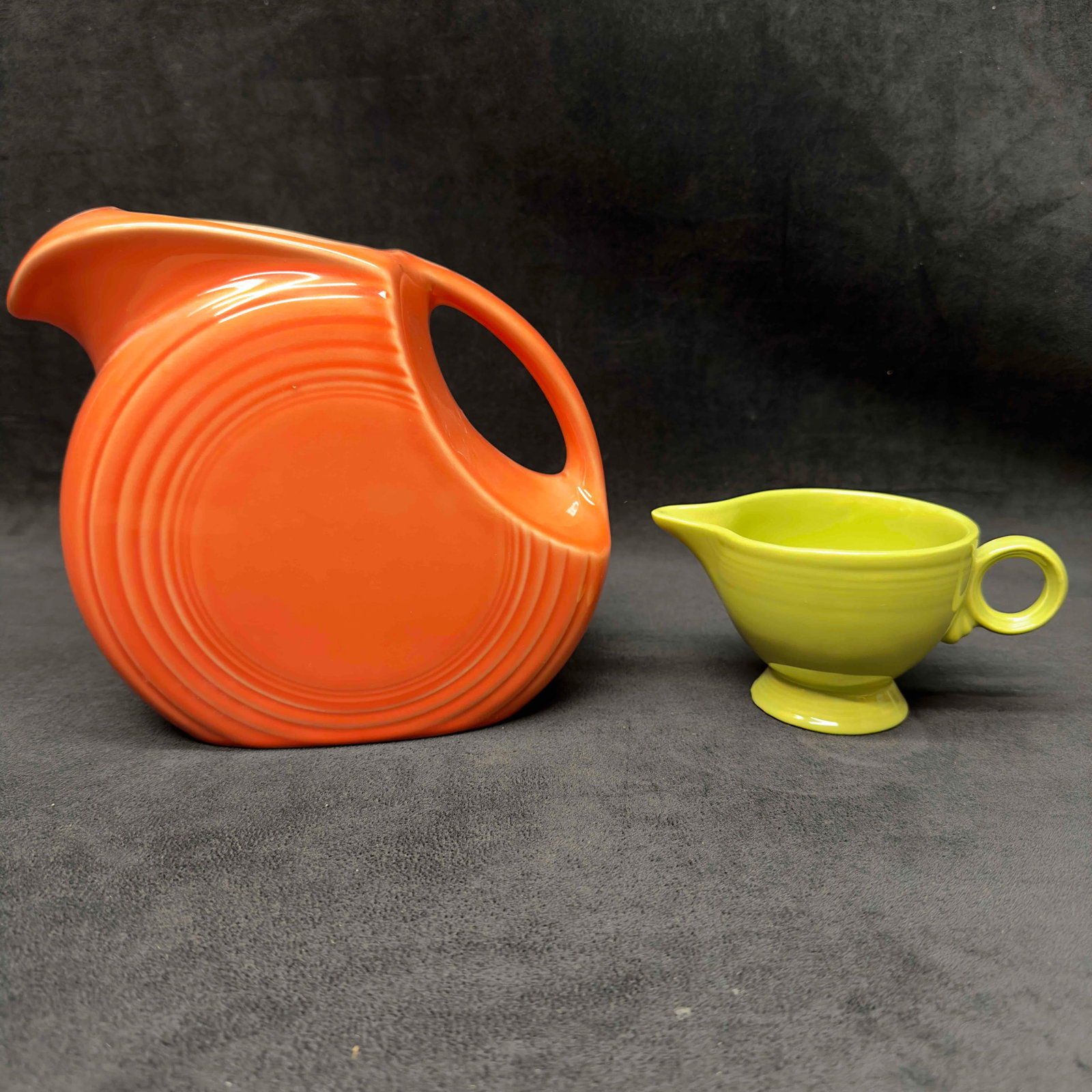 Fiestaware Homer Laughlin Fiesta Orange Large Disc Pitcher and Green Creamer Cup (1 of 9)