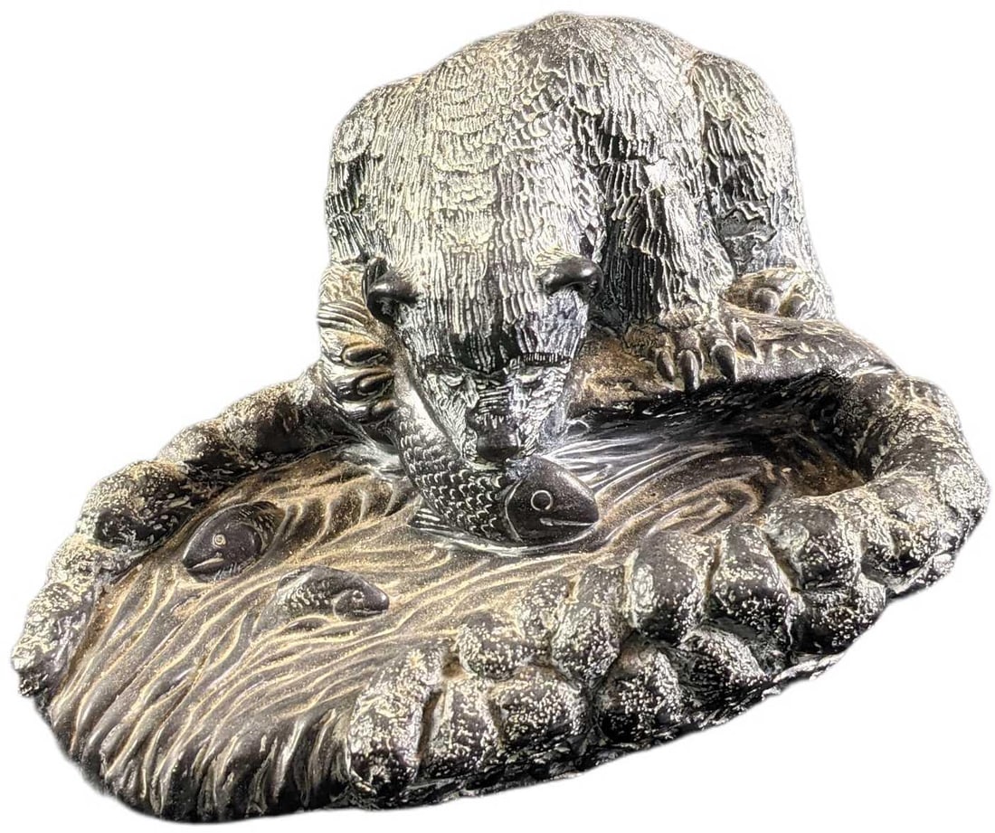 Vintage Aardik Collection Soapstone Bear Sculpture: Vintage The Aardik Collection Soapstone Bear Catching Salmon in the Water Hand Carved Sculpture. Was released in 1972 and made in Canada. Is approx 9" x 7" x 7 and it weighs 7.80lbs. Is in a g