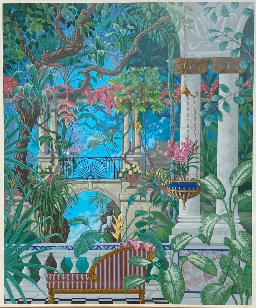 John Kiraly "Jungle Walk" Serigraph w/ COA: John Kiraly "Jungle Walk" Serigraph w/ COA This large serigraph by John Kiraly features a neoclassical structure in a brightly colored tropical setting, as is his trademark. In the background