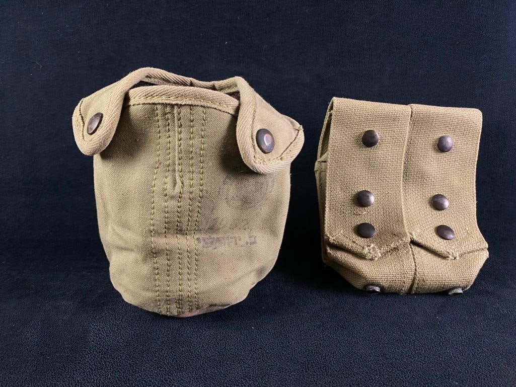 Israeli Grenade Pouch and Canteen Case: Israeli Grenade Pouch and Canteen Case Military canvas pouches from the Israeli Defense Force, one for two fragmentation grenades, and one for a canteen. Both are designed to clip onto the standard ID