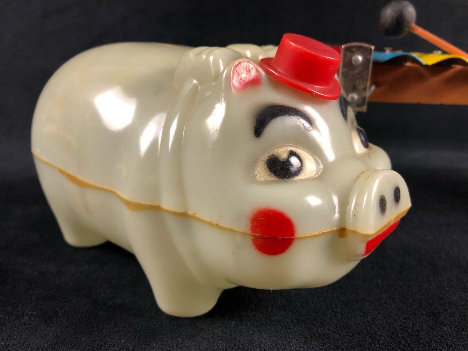 Vintage USA Wes-Ko Prod. Hard Plastic Pink Pig Piggy Bank w/ Mechanical Red Hat: Vintage Wes-Ko Prod. Hard Plastic Pink Pig Piggy Bank w/ Mechanical Red Hat. This handsome made in the USA piggy is in excellent condition ready for your collection.