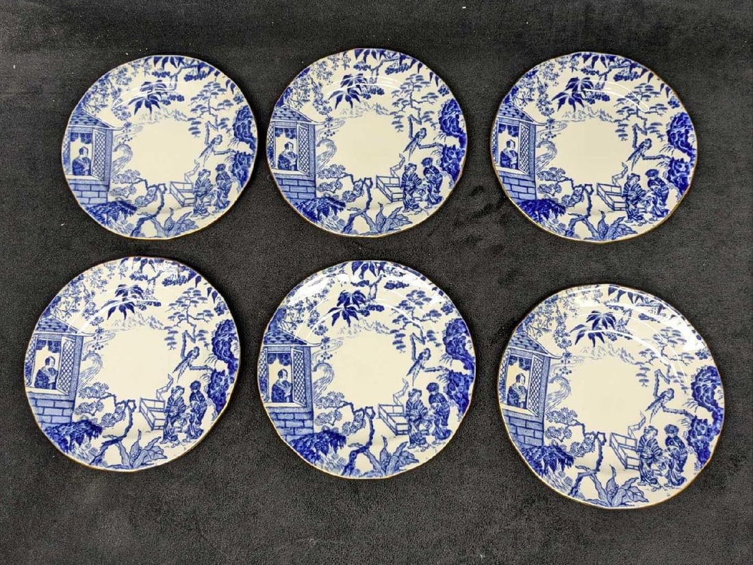 6 Vintage Mikado Royal Crown Derby Bread & Butter Plates: 6 Vintage Mikado Royal Crown Derby Bread & Butter Plates. Each is approx 6" x 6" x 1/2" and the total weight is 2 lbs. The plates have some markings on the front and back, and some tra