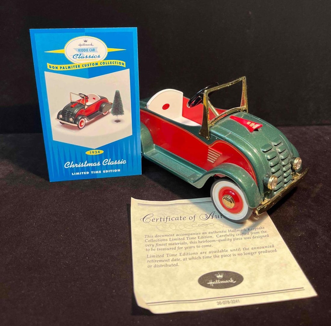 Limited Edition 2000 Kiddie Car Classic "1934 Christmas Classic" With COA & Hallmark Card: This lot contains a Limited Edition 2000 Kiddie Car Classic "1934 Christmas Classic" With COA & Hallmark Card. This car ia marked QHG9061. It is approx 6 3/4" x 2 3/4" x 3 1/4"