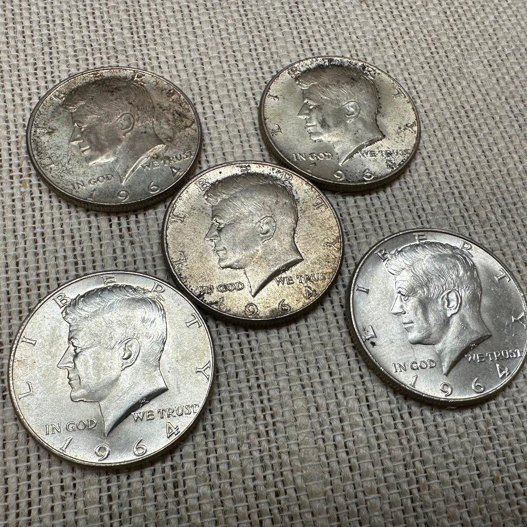 Lot of Five 1964 Kennedy Half Dollars (1 of 2)