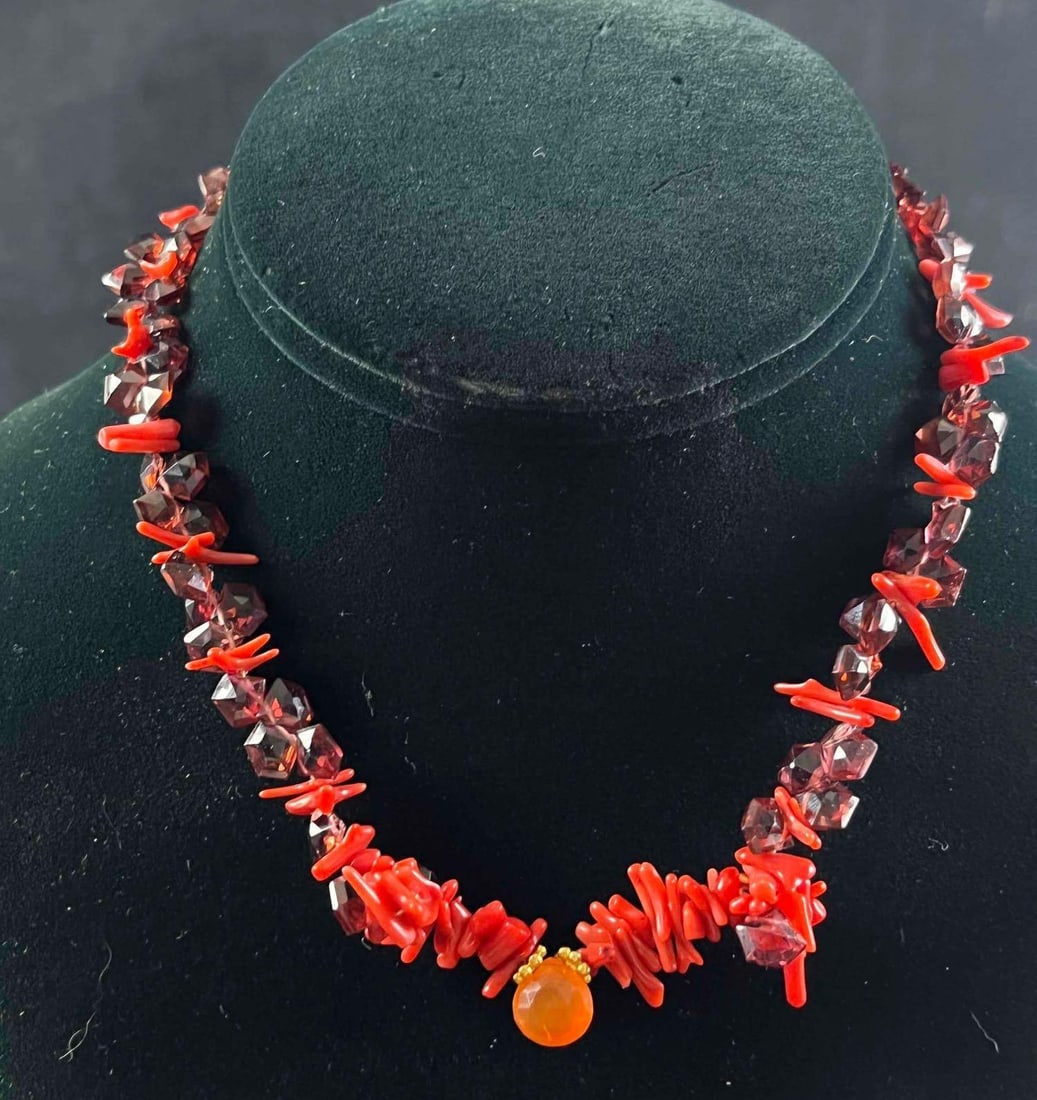Red Coral and Garnet 18K Gold Handmade Necklace: Red Coral and Garnet 18K Gold Handmade Necklace Pictured is a handmade necklace made by jewelry designer Christina Dickson. Dickson used only the finest quality materials such as red coral, garnet, an