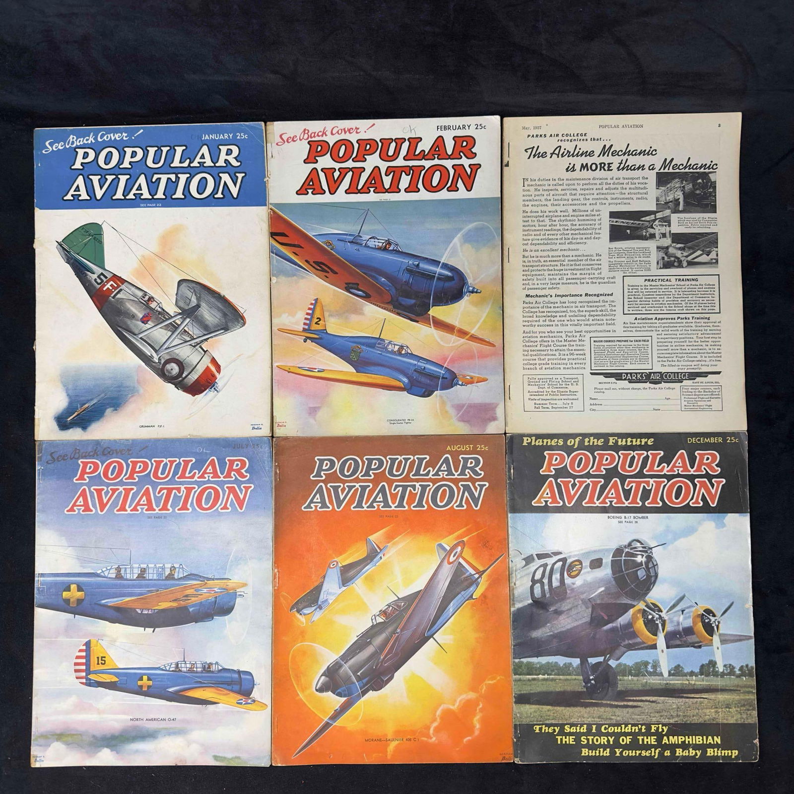 Flying and Popular Aviation Magazine 1937 Lot of 6 Six Magazines Collection Set (1 of 8)