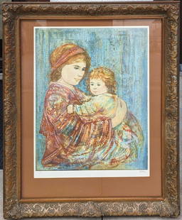 Framed S&N Edna Hibel Mother and Child Print: Framed S&N Edna Hibel Mother and Child Print. This framed print is approximately 29 1/2" x 2" x 35 1/4" and it weighs 16 lbs. The print was signed and numbered by the artist on the bot