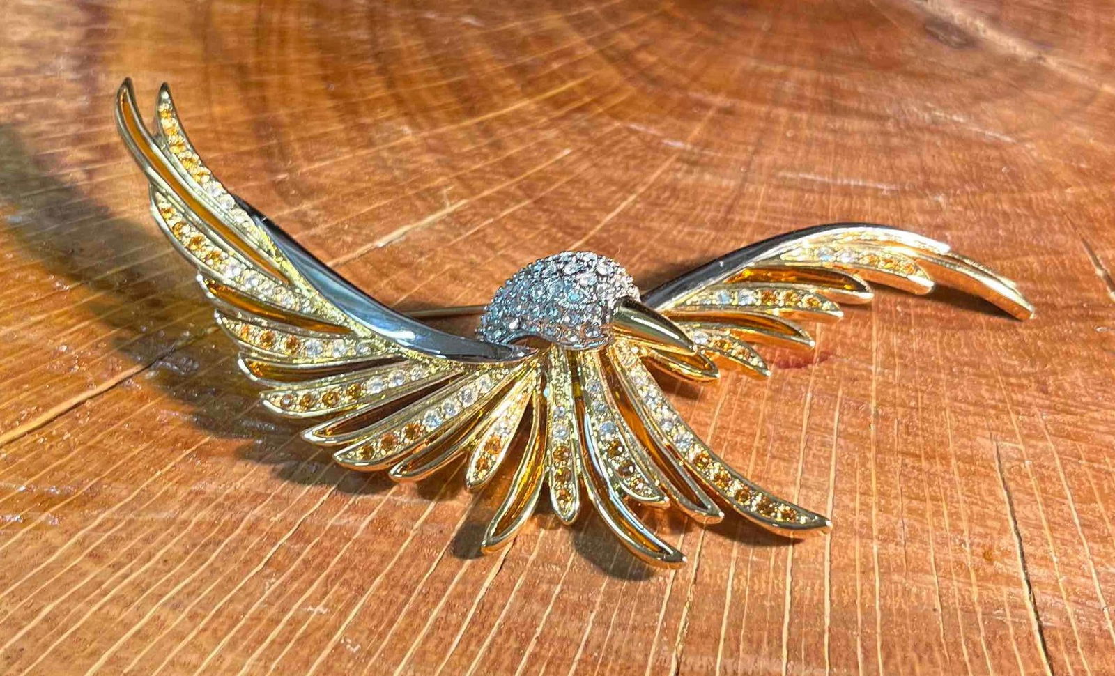 Vintage Joan Rivers Pave Crystals Clear and Amber Hummingbird Brooch (1 of 10)
