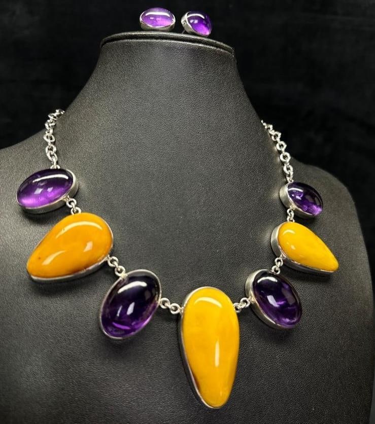 Sterling Amethyst Butterscotch Amber Necklace Set (1 of 4)