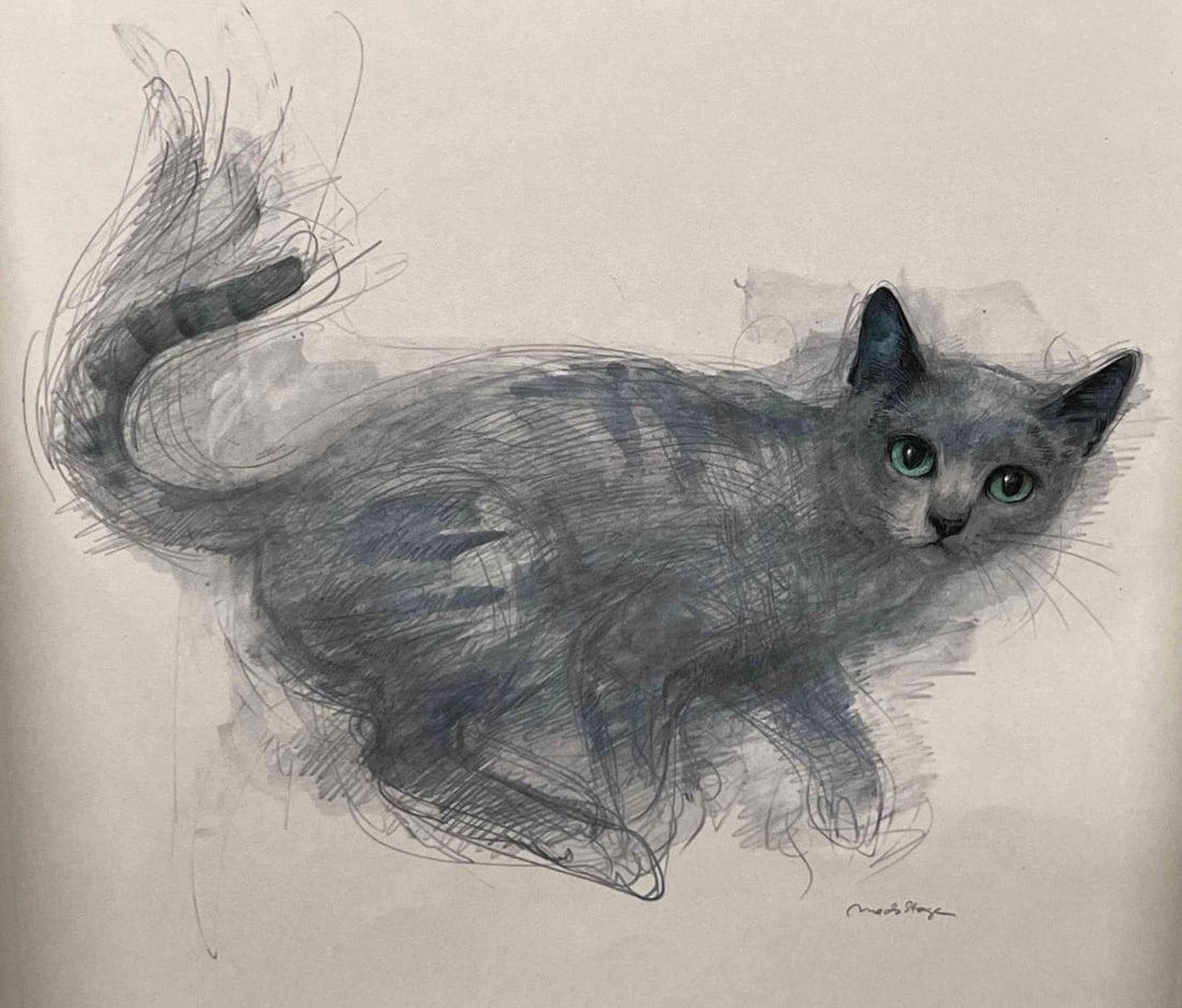 Cat Art Print By Danish Artist Mads Stage: This lot contains a Cat Art Print By Danish Artist Mads Stage. The print itself without the border is approx 14 1/2" x 10 3/4" with the border it is approx 19" x 14 1/2". Total weight