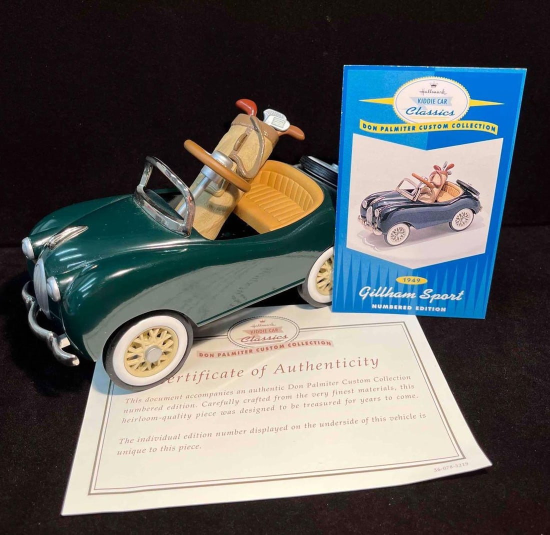 Numbered Edition 1999 Kiddie Car Classic "1949 Gillham Sport" With COA & Hallmark Card: This lot contains a Numbered Edition 1999 Kiddie Car Classic "1949 Gillham Sport" With COA & Hallmark Card. This car ia marked QHG7109. It is approx 6 3/4" x 2 1/2" x 3 1/4" an