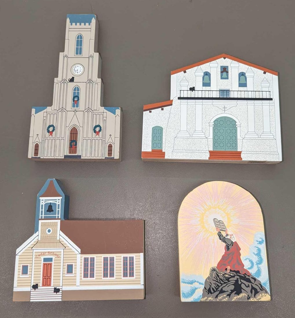 4 Cat's Meow Wood Moses & Churches & School: 4 Cat's Meow Wood Moses & Churches & School. This lot of wooden prints on wood consists of: (1) New Orleans Christmas Series - St Patrick Church. This is approx 4" x 3/4" x 7".