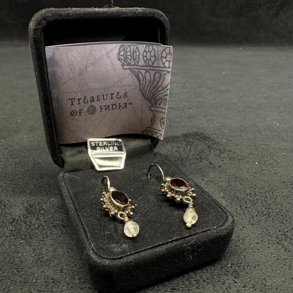 Treasures of India Garnet & Moonstone Earrings: This piece of jewelry has been tested and researched prior to listing. Please view all our pictures they are part of our description. DETAILS: Metal - Sterling Silver Color - Silver Stones - Garnet, M