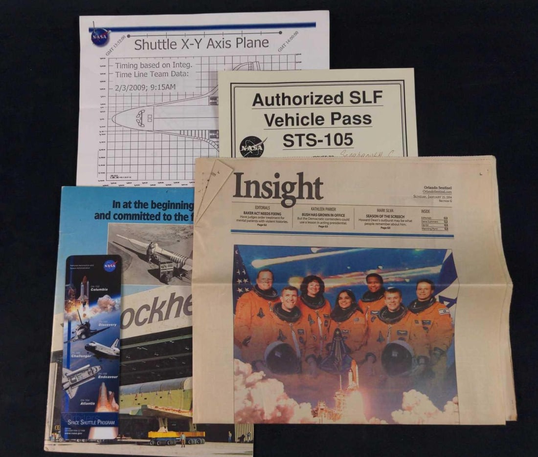 Lockheed Booklet And NASA Photo Newspaper Lot: This lot includes: (1) Lockheed..."In At The Beginning And Committed To The Future" Shuttle Booklet. From the 80s. (4) Printed out photos of what looks like shuttle debris. (1) Printed out Sh