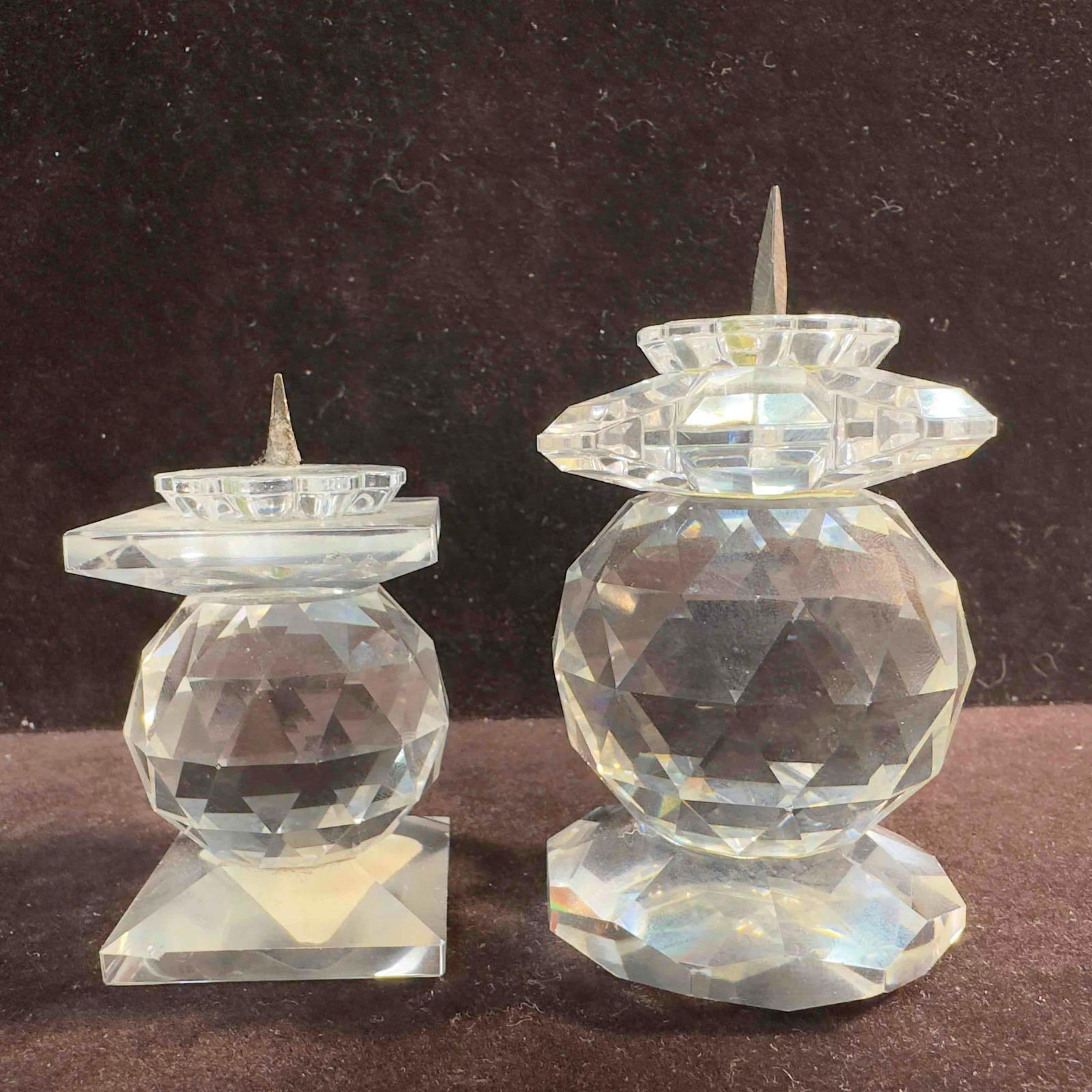 Silver Crystal Pin Style Candle Holder Set: Silver Crystal Pin Style Candle Holder Set. These European crystal pin style candle holders have beautiful etched designs throughout each piece. One is a little larger in size than the other. These it
