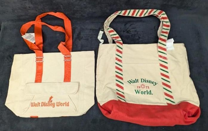 2 Walt Disney World Vintage Style Totes: 2 Walt Disney World Vintage Style Totes. This lot includes: (1) Walt Disney World 1971 Canvas Tote Bag. The bag is approx 18" x 5" x 15". Still has the original tags. (1) Walt Disney World