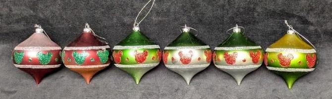 6 Retro Style Disney Mickey Mouse Teardrop Ornaments: 6 Retro Style Disney Mickey Mouse Teardrop Ornaments. Each is approx 3 1/2" x 3 1/2" x 3 3/4 and the total weight is 0.16lb. The ornaments have some light scratches and markings.