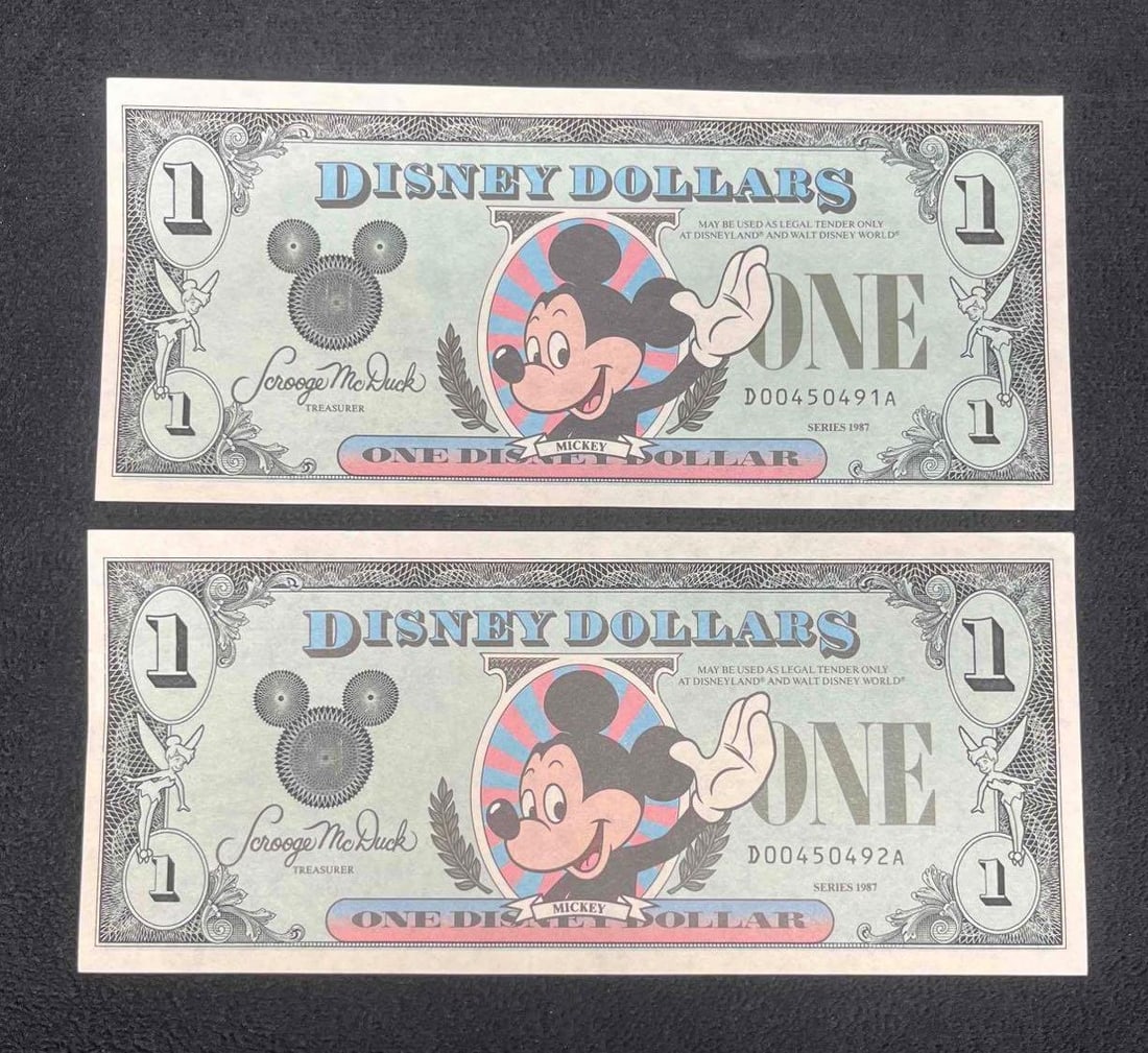 $1 Disney Dollars Mickey 1987 x2 (1 of 10)