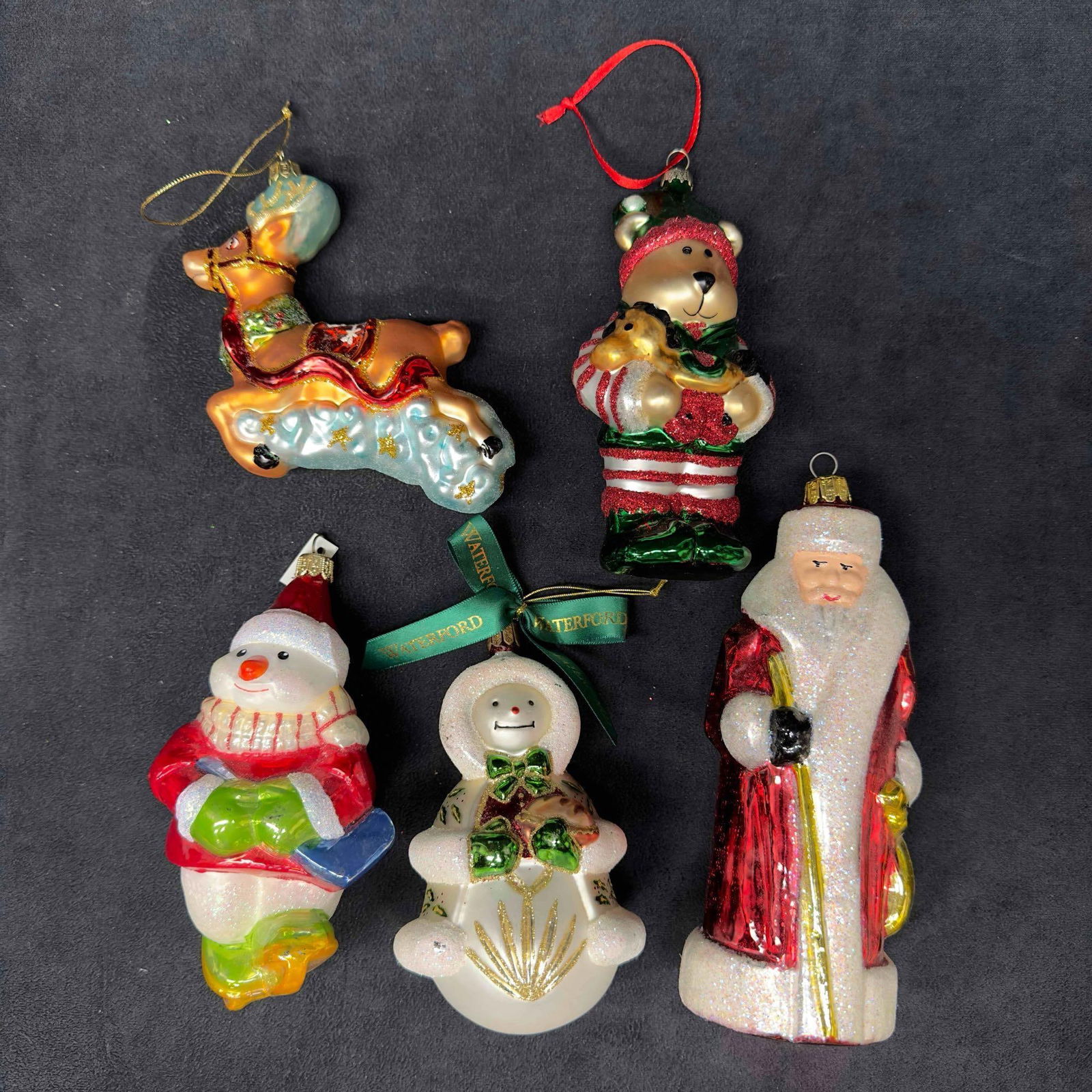 Holiday Christmas Ornament Set Lot of 5 Five Santa Snowman Reindeer Teddy Bear Waterford (1 of 7)