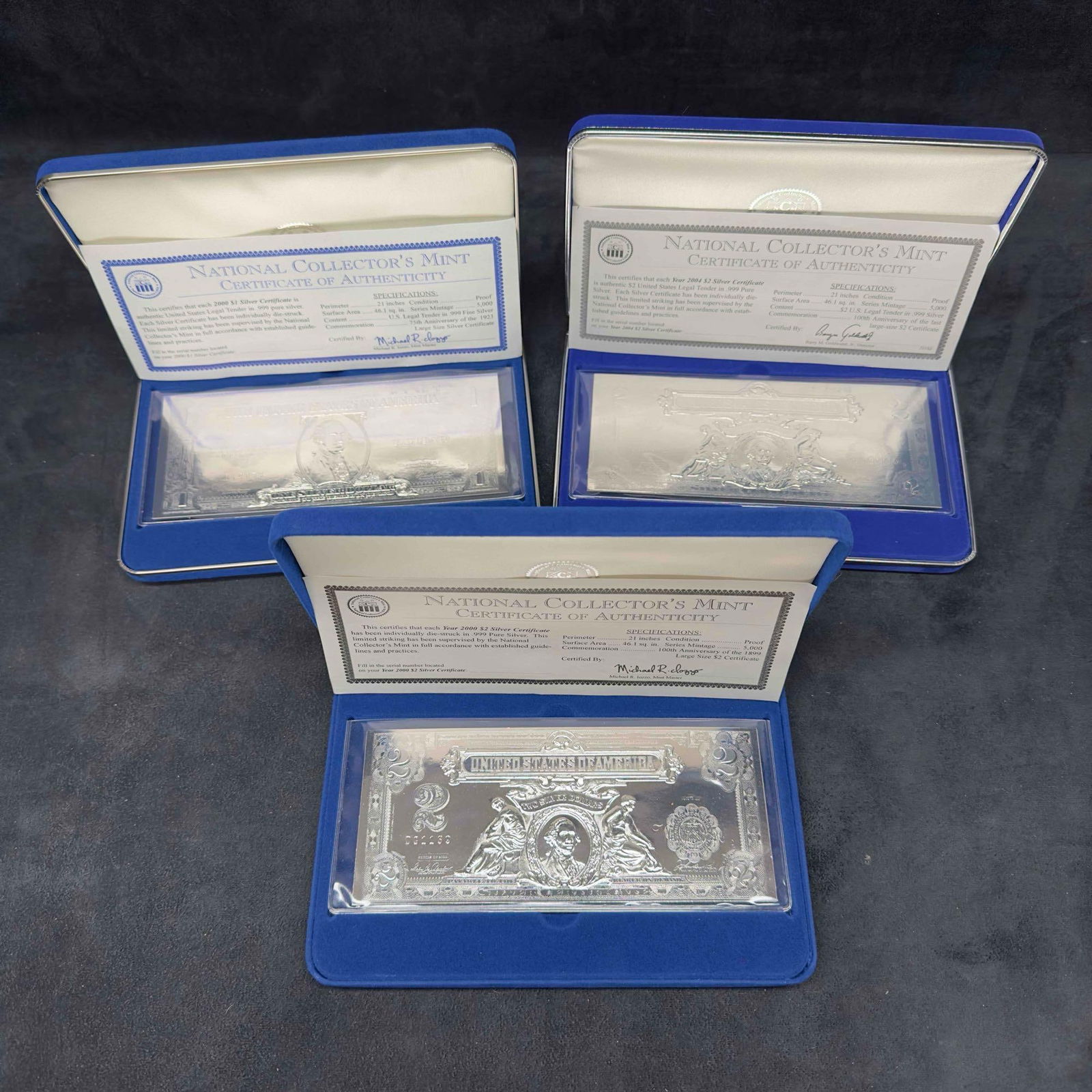 National Collector's Mint $1 and $2 Silver Certificate .999 Fine Silver 2000 Year 2004 Set (1 of 12)