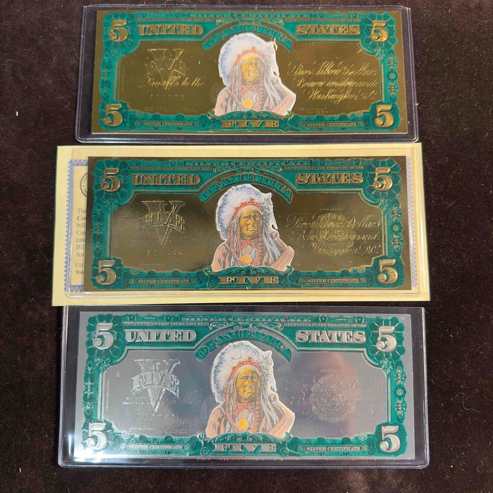 National Collector's Mint $5 Indian Silver Certificate Gold Leaf Collection Lot of Three Five Dollar (1 of 10)