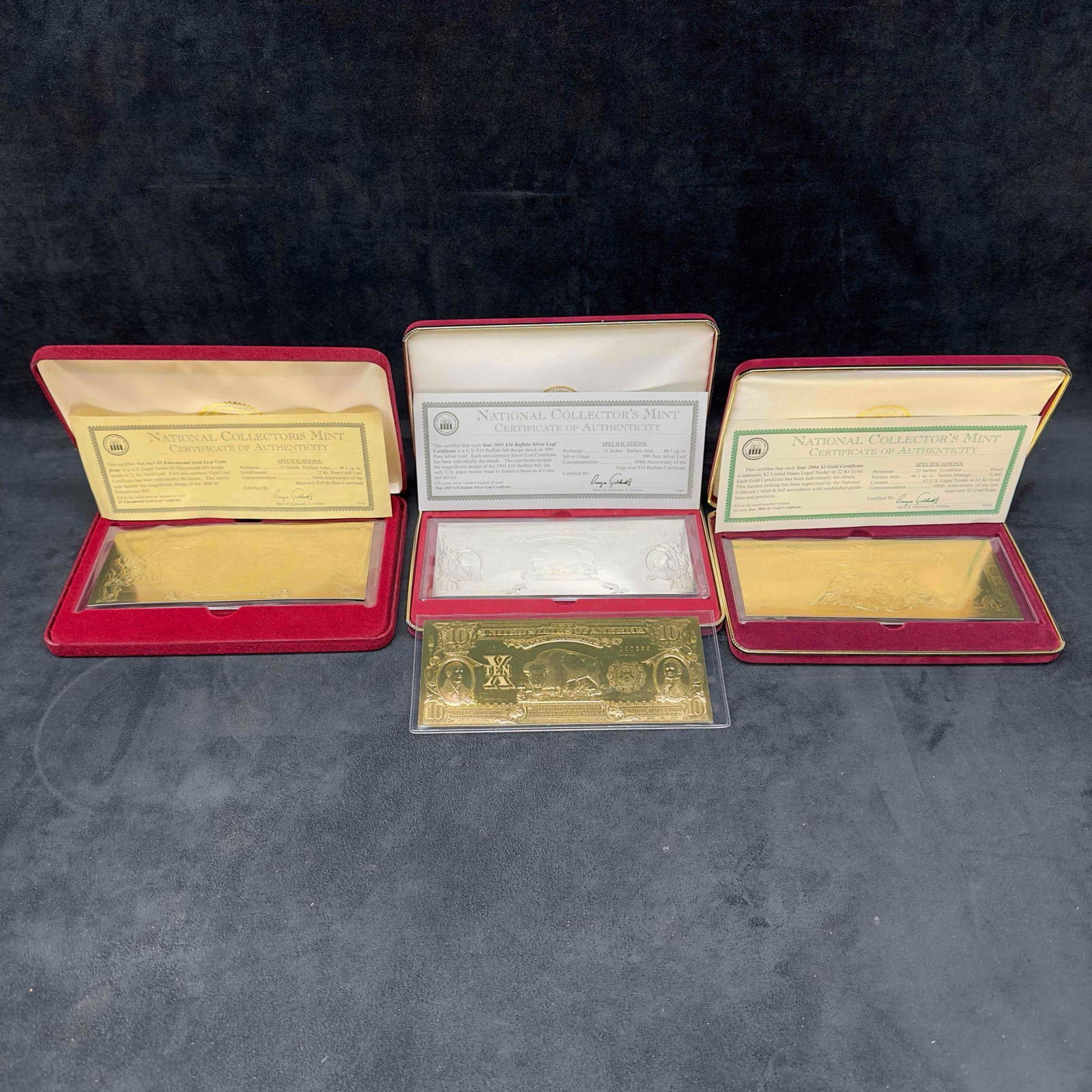 National Collector's Mint Silver Leaf Gold Leaf Collection Lot of Four Ten Two Five Dollar Bills (1 of 8)