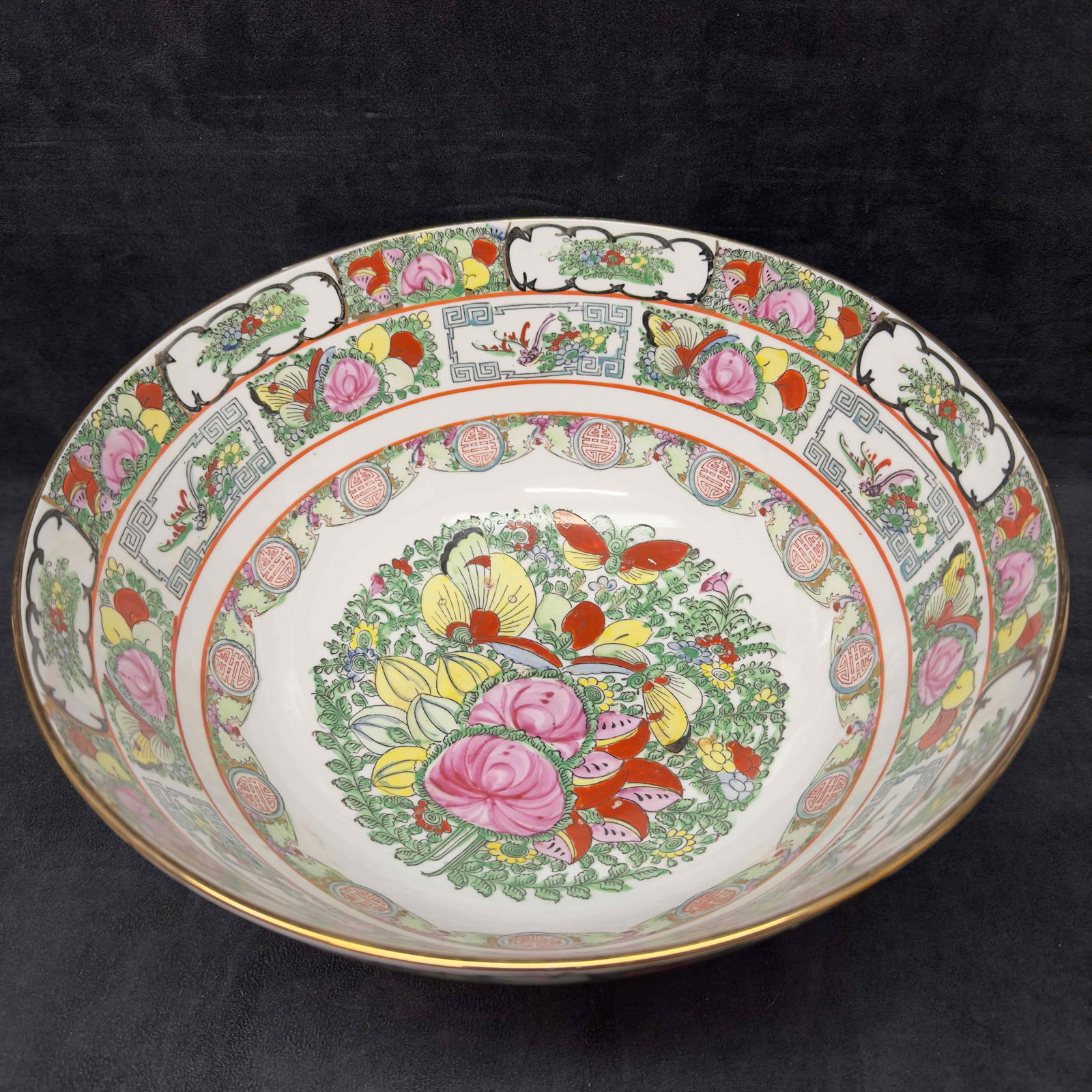 Oriental Hand Painted Rose Medallion Porcelain Bowl 14" Large Floral Butterfly Design (1 of 11)