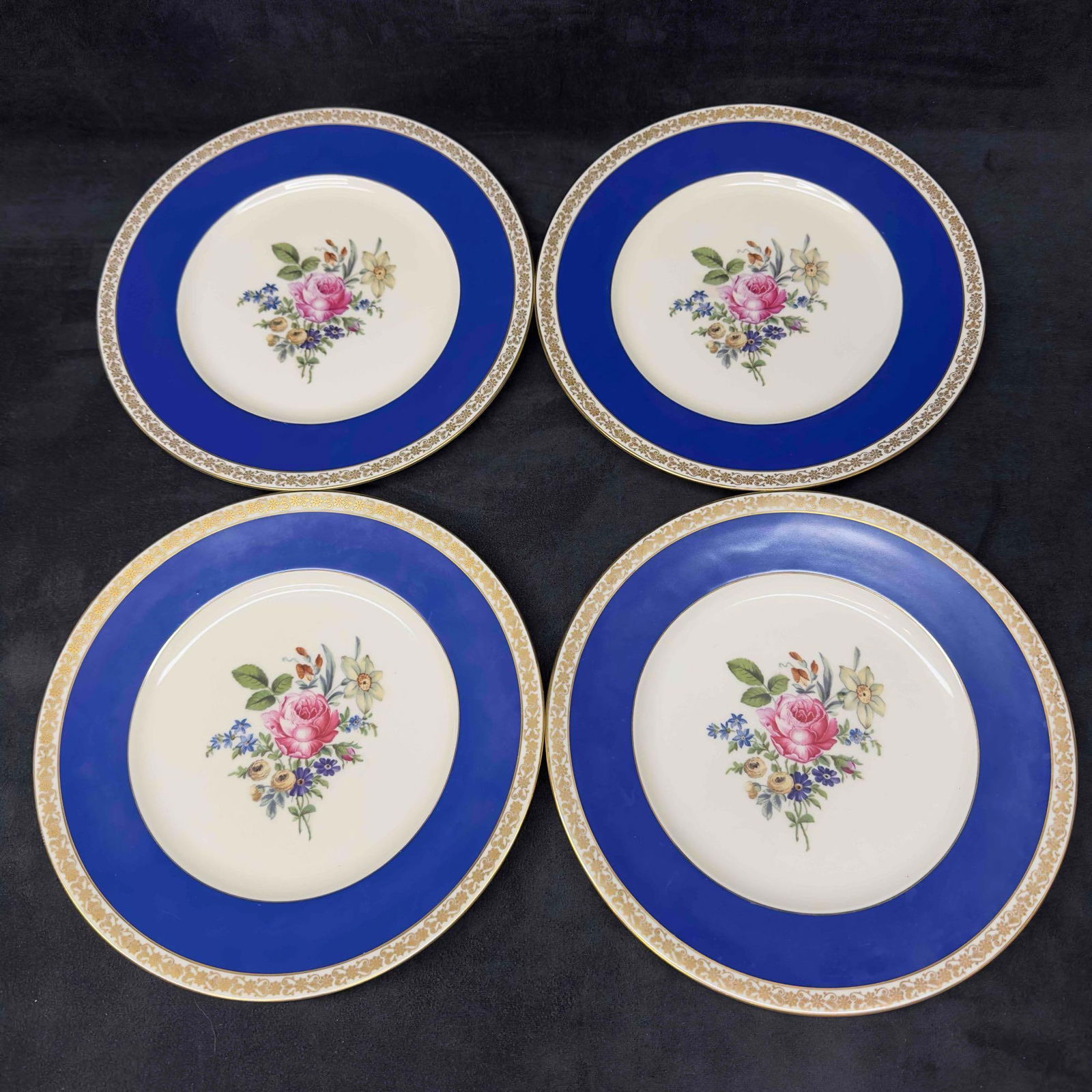 Schlaggenwald Czech H & C Porcelain Blue Rose Dinner Plate Set Lot of Four 4 Plates (1 of 10)