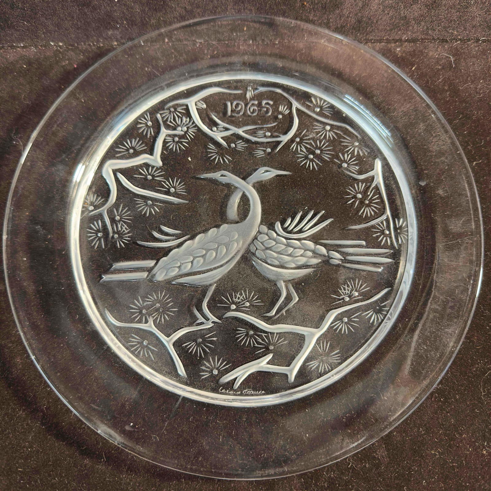 Signed Lalique France Crystal 1965 Two Birds Deux Oiseaux Annual Plate A (1 of 6)