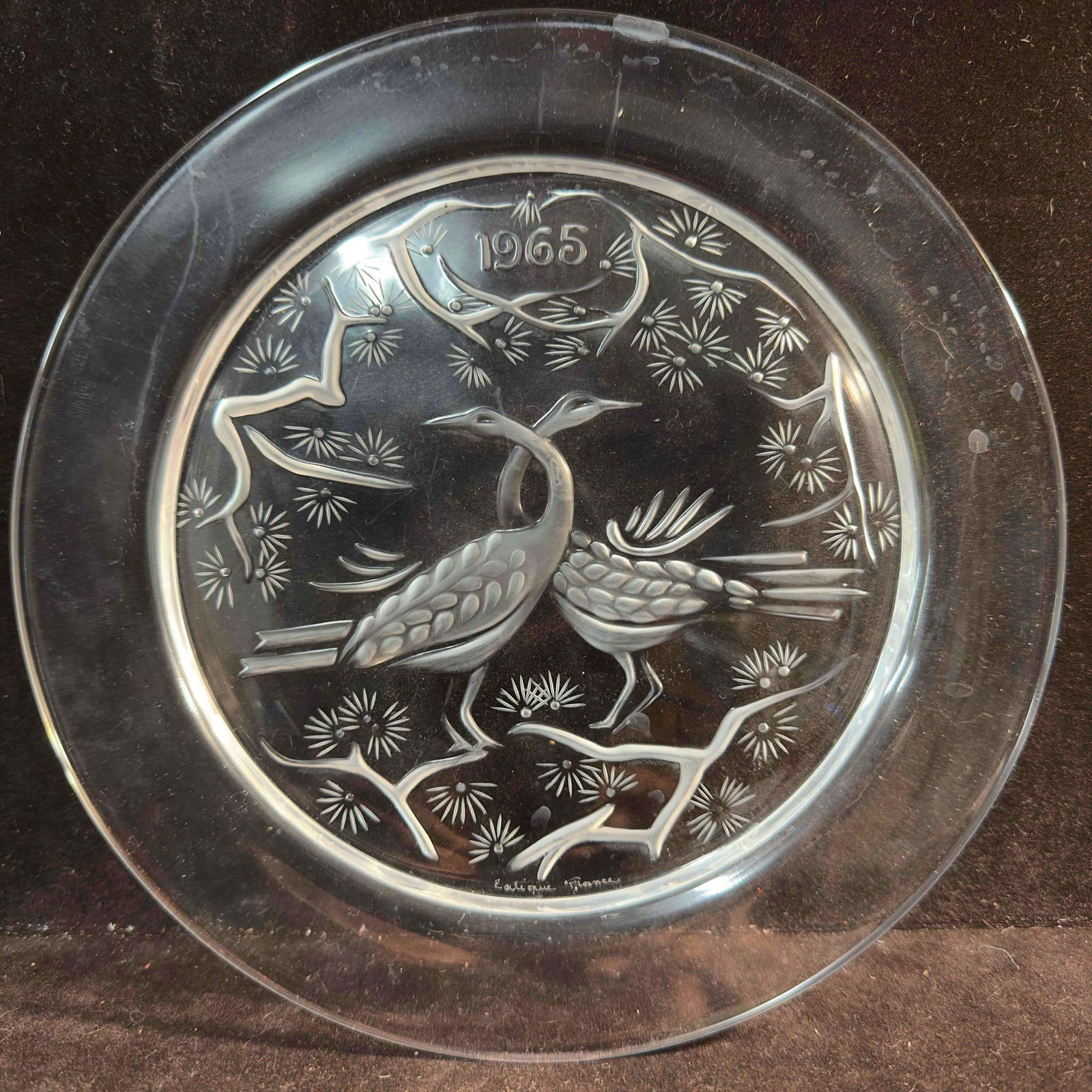Signed Lalique France Crystal 1965 Two Birds Deux Oiseaux Annual Plate B (1 of 8)