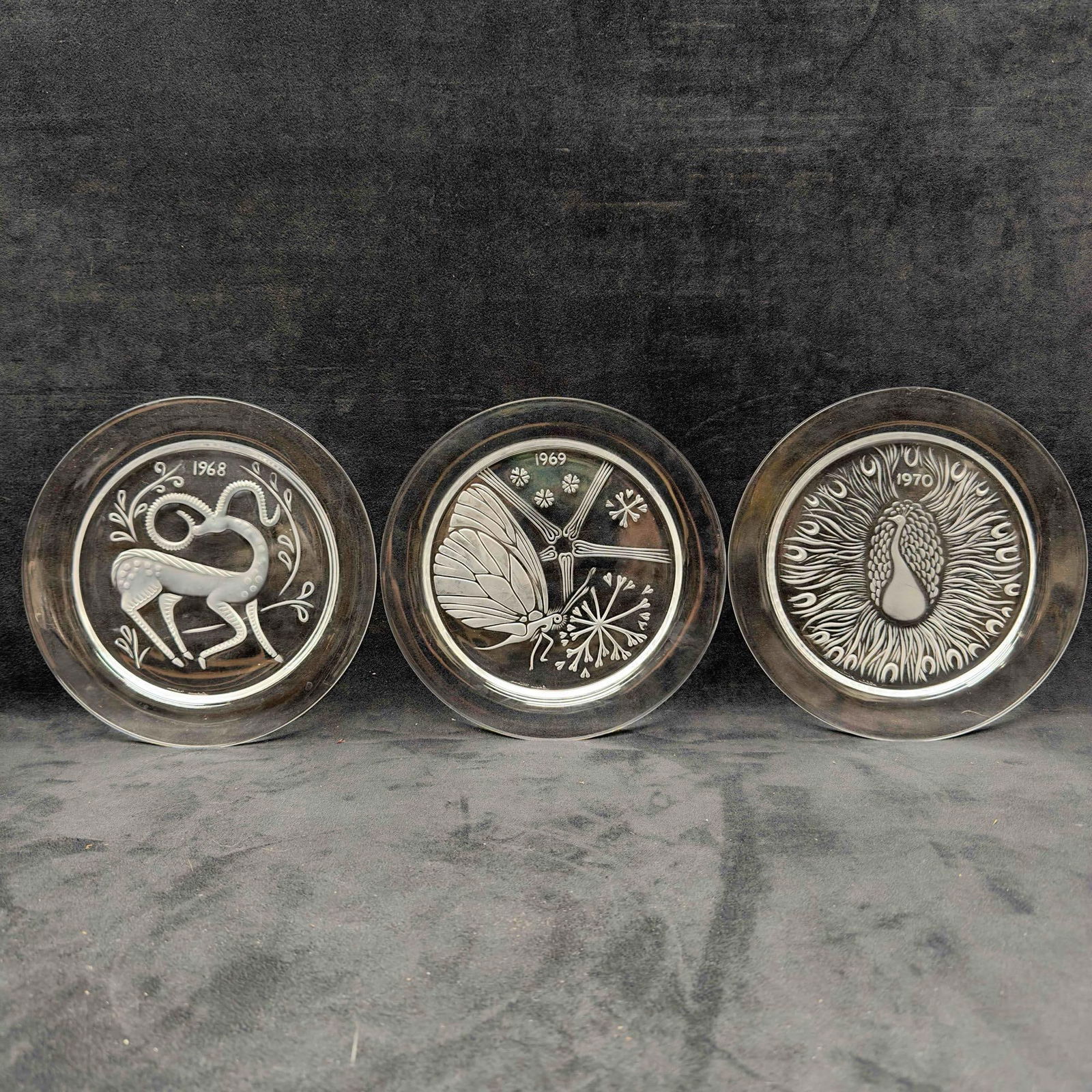 Signed Lalique France Crystal 1968 Gazelle 1969 Butterfly 1970 Peacock Annual Plate Set Three Plates (1 of 11)