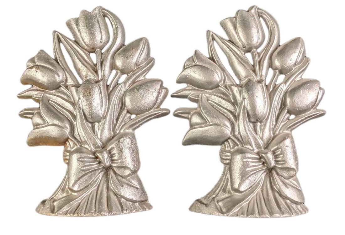 Vintage Silver Painted Cast Iron Flowers Bookends Doorstop (1 of 4)