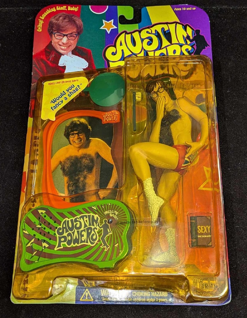 Austin Powers "Ultra Cool" Action Figure with Voice Chip: Austin Powers "Ultra Cool" Action Figure with Voice Chip On Base. Austin "Danger" Powers. Comes in its original package which is approx 7 1/2" 2 1/2" x 12 1/2" and it weigh