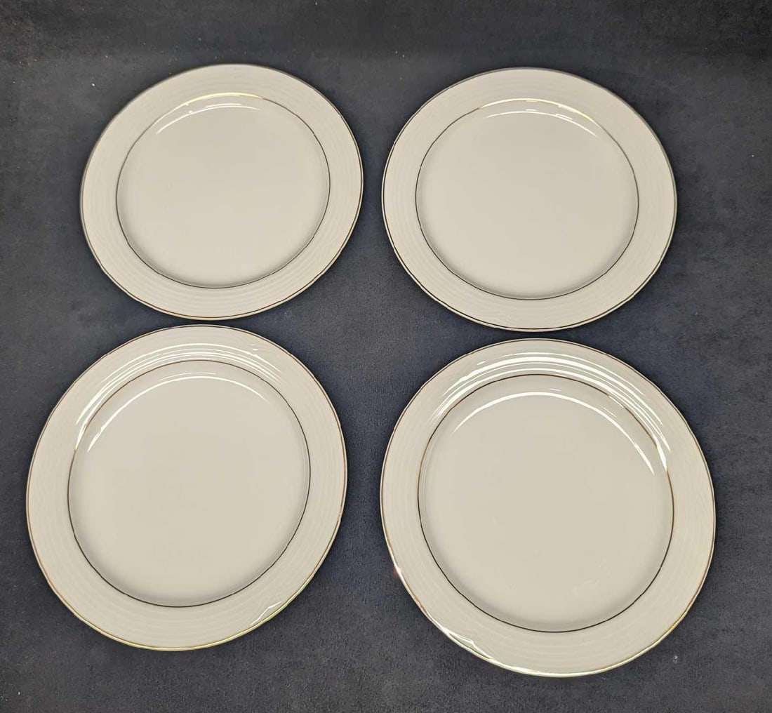 4 Retired Arctic Gold By Noritake Fine China Salad Plates: 4 Retired Arctic Gold By Noritake Fine China Salad Plates. This series was released from the year 1996 to the year 2001 Each plate is approx 8 3/8" x 8 3/8" x 3/4" and the total weight is
