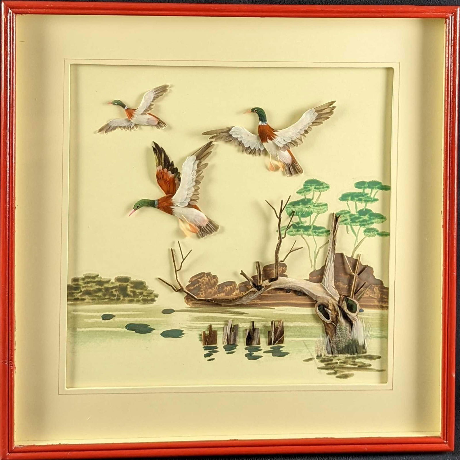 Vintage Framed Feather Art Ducks In Marsh (1 of 7)