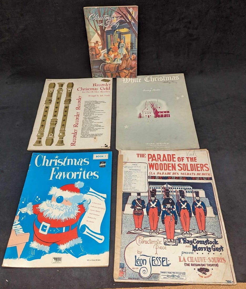 5 Vintage Christmas Sheet Music & Songbooks: 5 Vintage Christmas Sheet Music & Songbooks. This lot includes: (1) The Parade Of The Wooden Soldiers. This was copyrighted in 1922. This is approx 9 3/8" x 12 1/4". The sheet music has ta